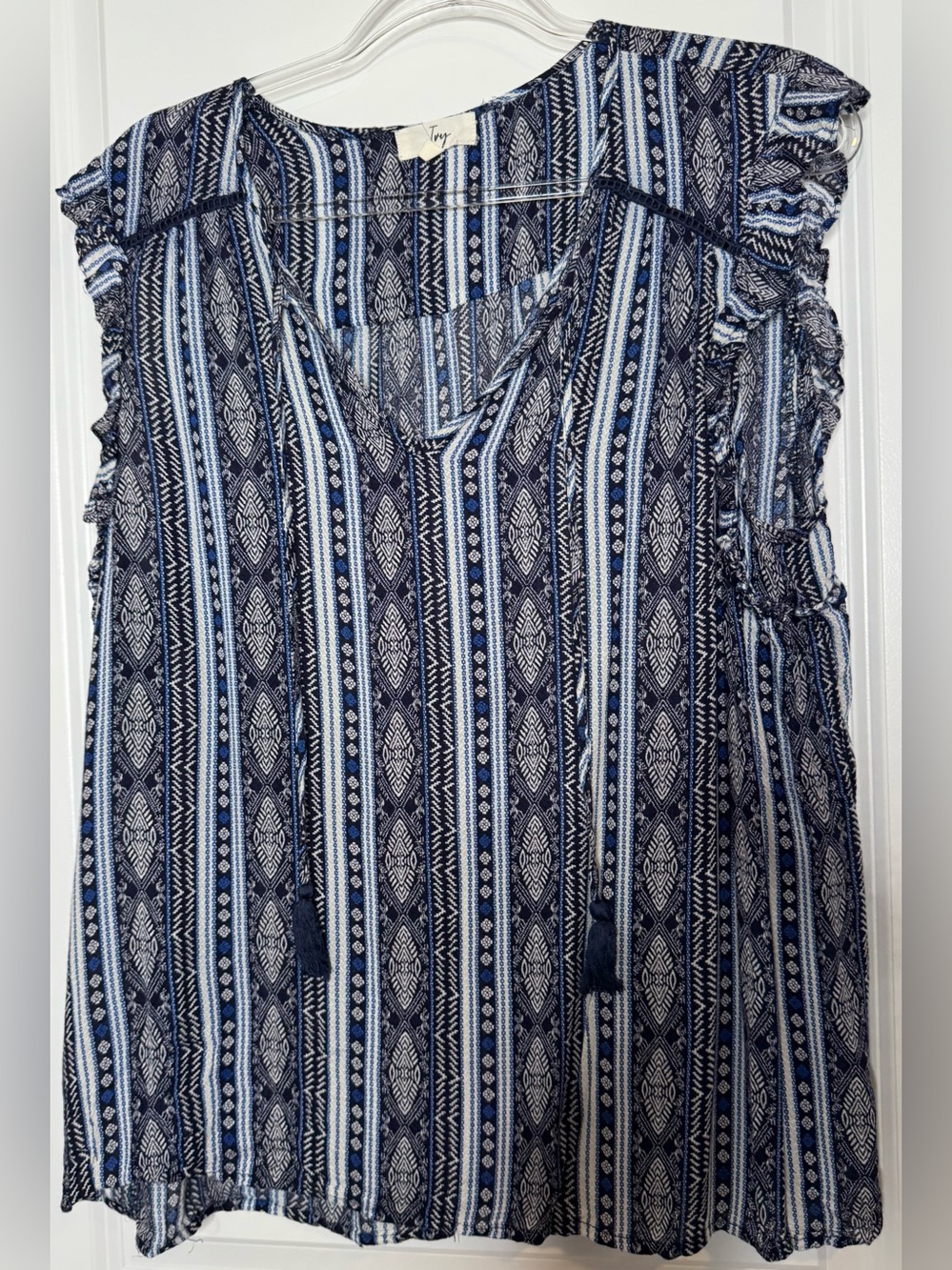 Ivy Tie-Neck Navy & Light Blue Patterned Ruffle-Sleeve Blouse xxl 2xl